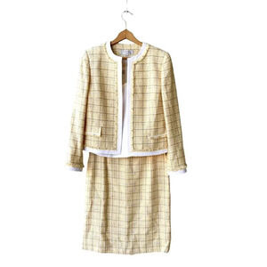 TAHARI ASL Tweed Skirt Suits Women’s 8 Yellow 3-piece Open Front Career Office